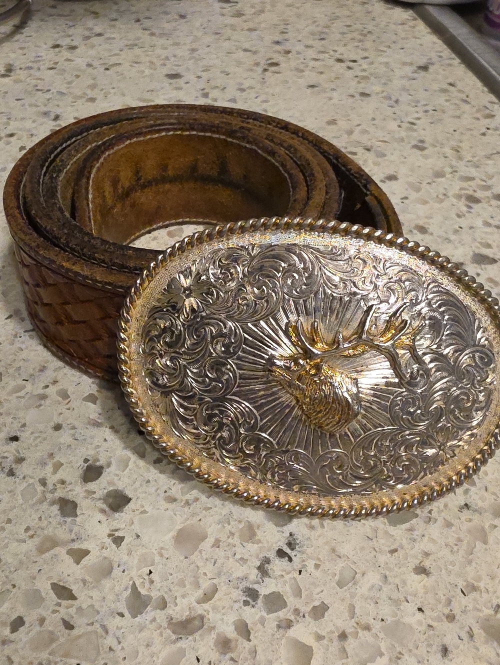 Vintage Brown Leather Belt with Montana Silversmiths Silver Plated Stag Buckle